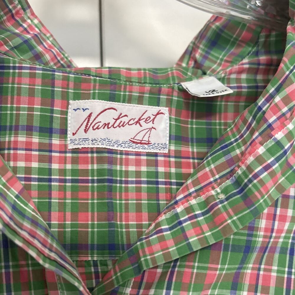Vintage Nantucket Brand Pink Green Plaid Button Down Shirt Summer Prep